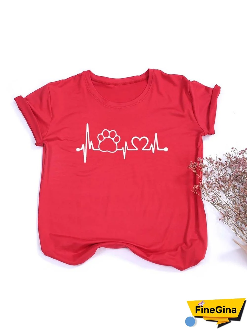 Paw Heartbeat Lifeline Women Tshirt Dog Paw Printed O-Neck Short T-Shirts Pink Black Top Shirts Girl Younger Love