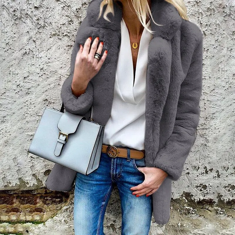 Fall/winter new style solid color long-sleeved lapel women's fluffy coat