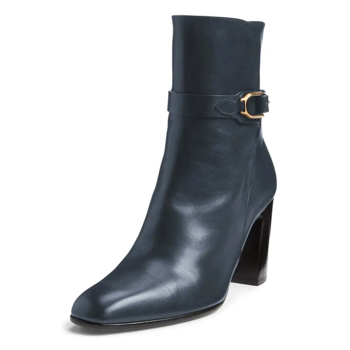 Navy Square Toe Chunky Heel Short Boots for Women with Buckle