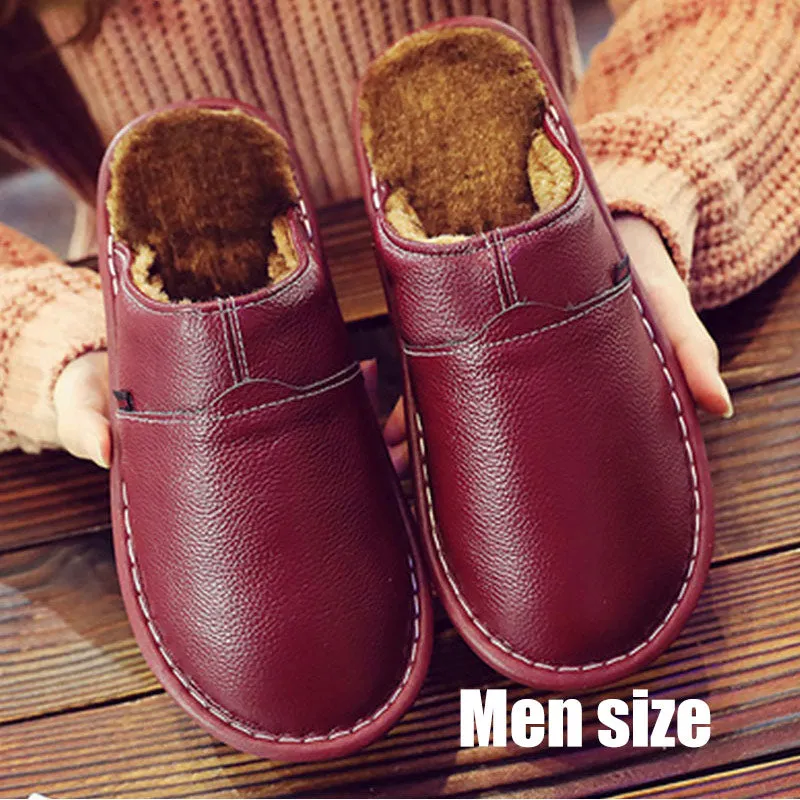 Men's shoes Genuine leather slippers winter superstar sewing Non Slip mens indoor slippers rubber warm house shoes man