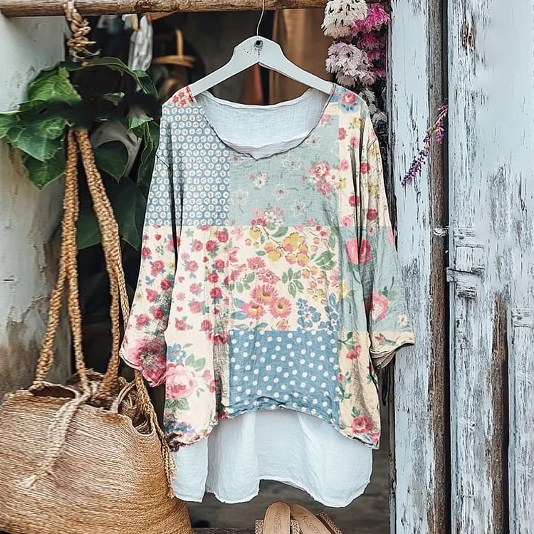 Vintage Spliced ​​floral V-neck Cotton Linen Blouse