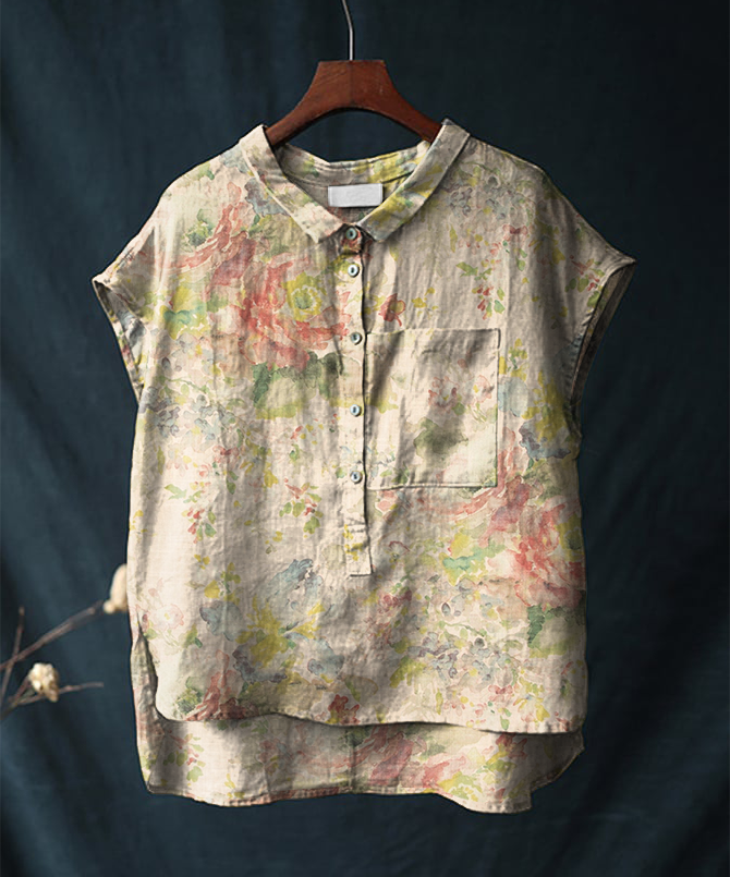 Vintage Floral Print Cotton and Linen Casual Shirt
