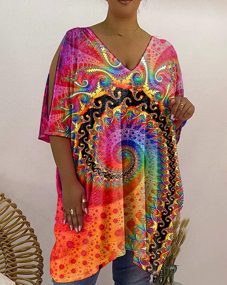 Color Spiral Tie-dye V-Neck Loose T-Shirt