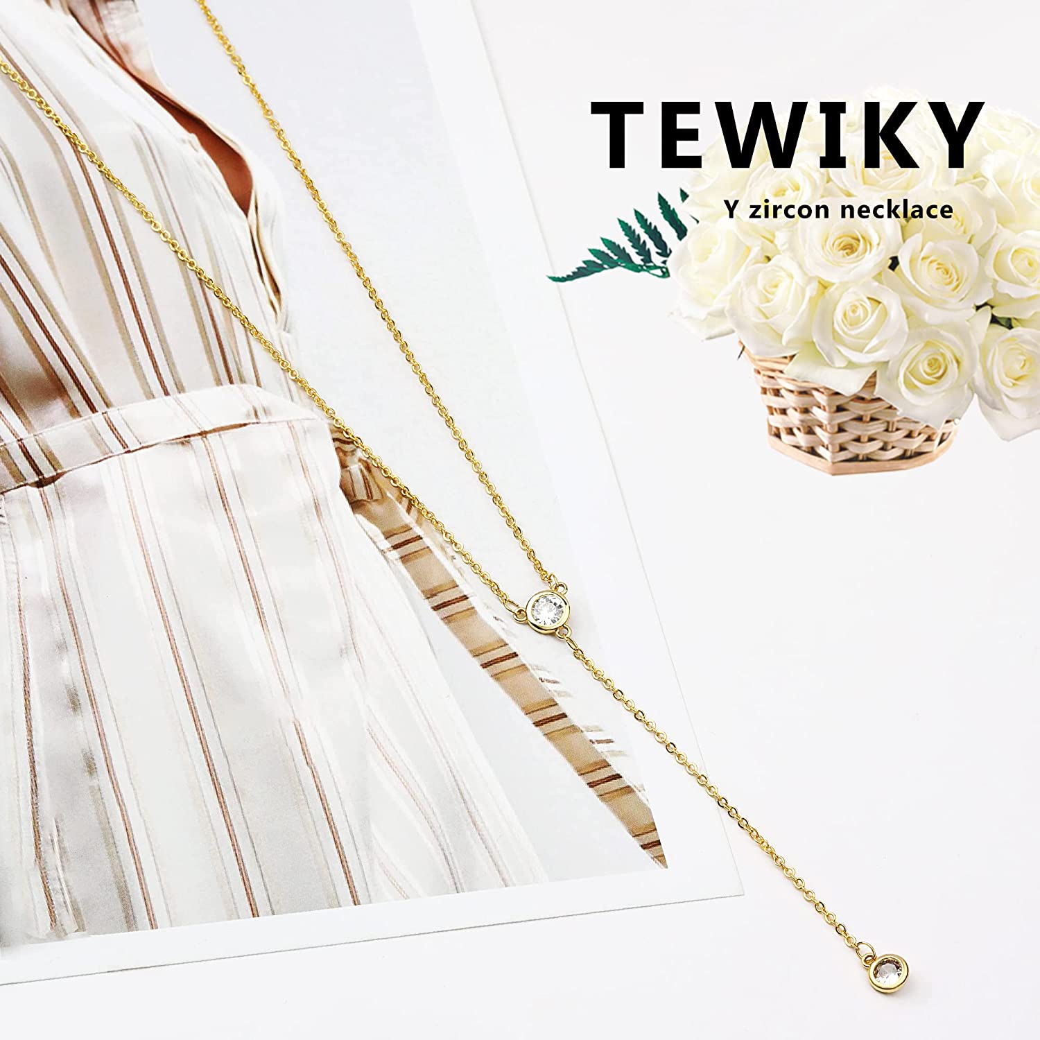Tewiky Diamond Necklaces for Women, Dainty Gold Necklace 14K Gold Plated Long Lariat Necklace Simple Gold CZ Diamond Choker Necklaces for Women