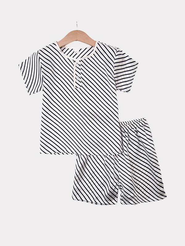 Black Stripe Printed Silk Pajamas For Kids