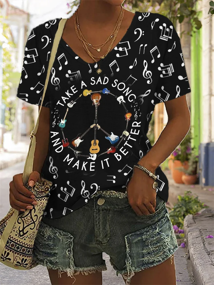 VChics Guitars Peace Sign Classic Song Music Notes T Shirt