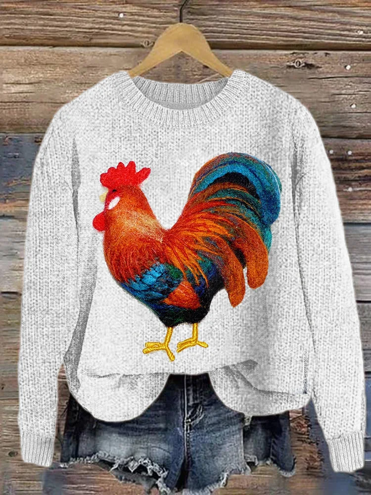 VChics Felt Art Rooster Casual Cozy Knit Sweater