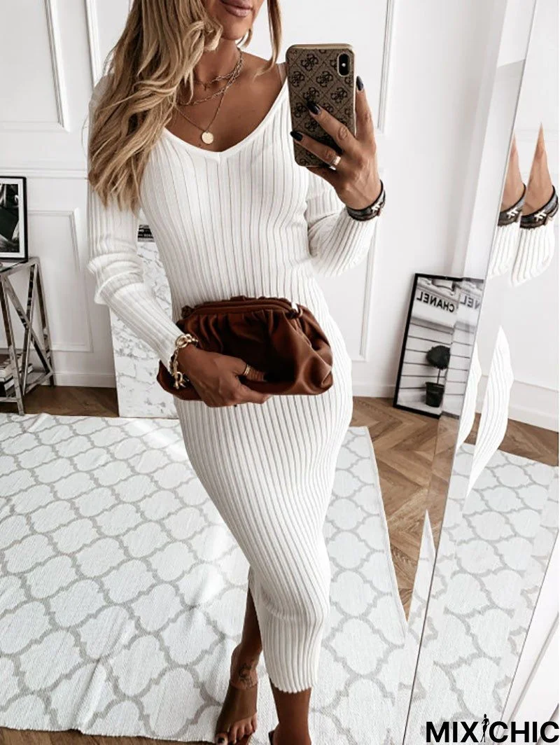 Ribbed V-Neck Long Sleeve Bodycon Dress White Dresses