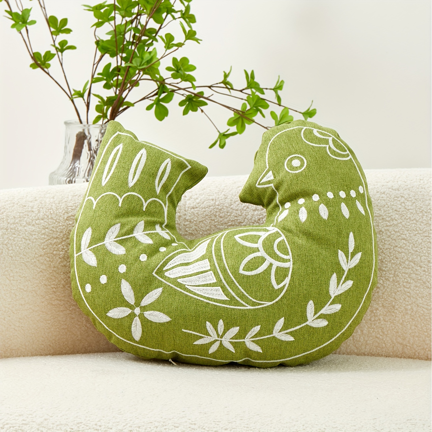 Contemporary Embroidered Bird-Shaped Throw Pillow Cover, Decorative Indoor Cushion with Zipper Closure, Machine Washable Polyester, Woven Patterned Design for Various Room Types