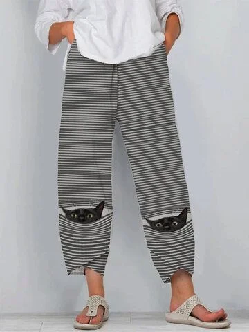 The cat printing Loose dandelion print elastic waist pocket pants