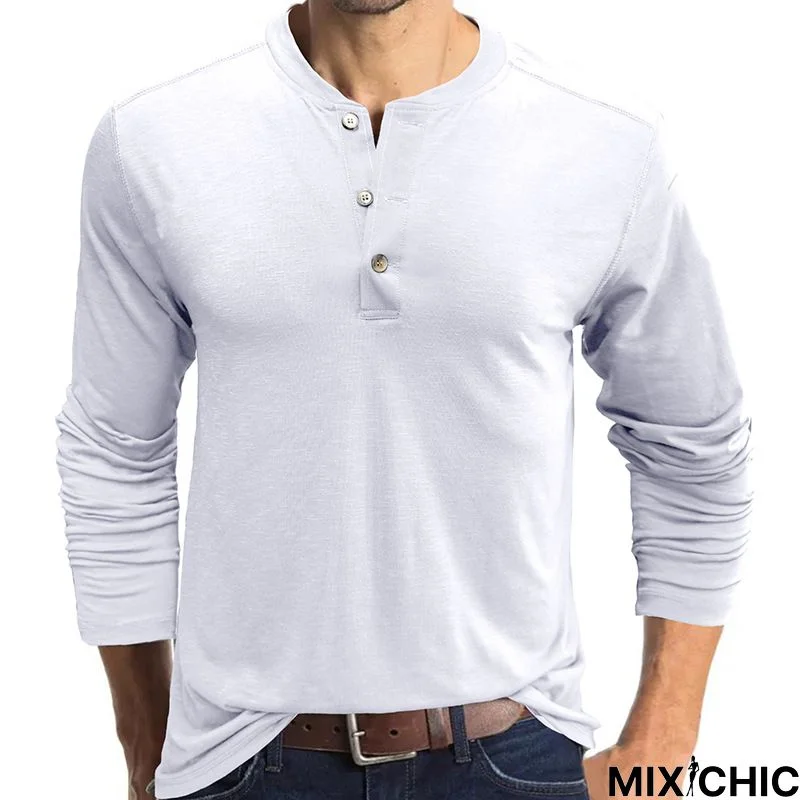 Men's Long Sleeved T-Shirt Men's Bottom Shirt Top Men's Clothes Henry T-Shirt Round Neck