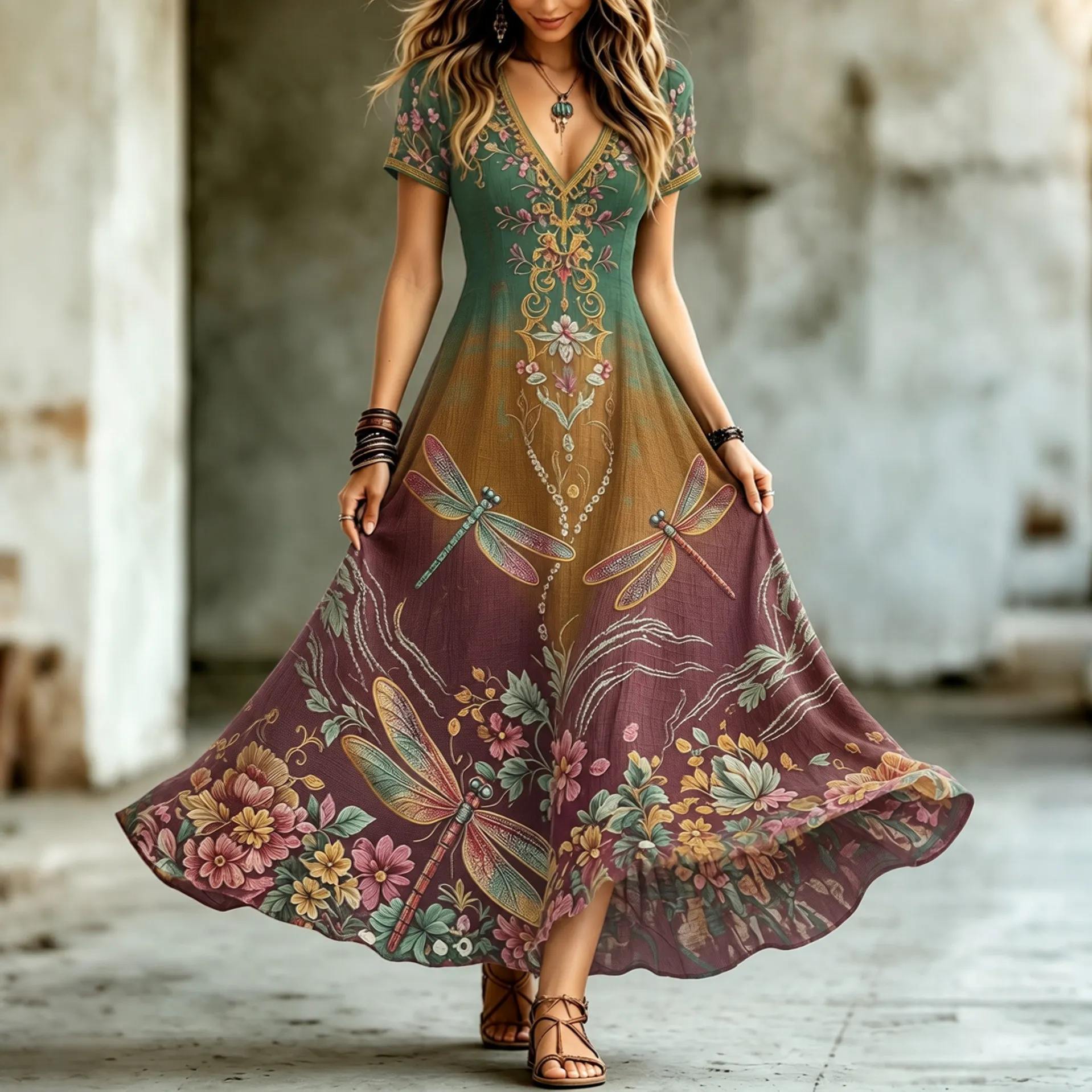 Women's Hippie Floral And Dragonfly Pattern Art Embroidered Linen Blend Maxi Dress elevenforest
