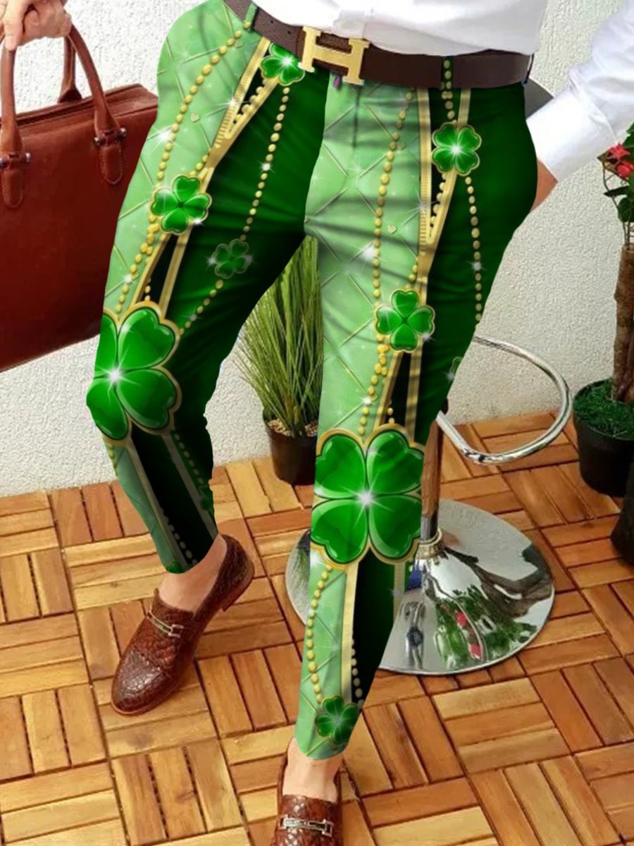 Men's St. Patrick's Day Plaid Four-Leaf Clover Color Matching Suit Pants