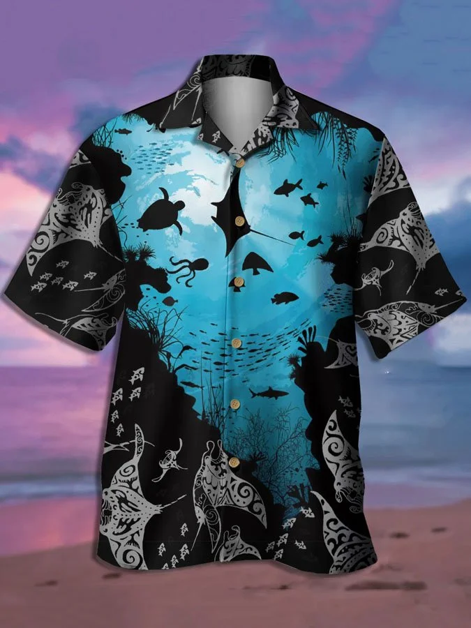 Men's Casual Marine Graphic Print Short Sleeve Hawaiian Shirt