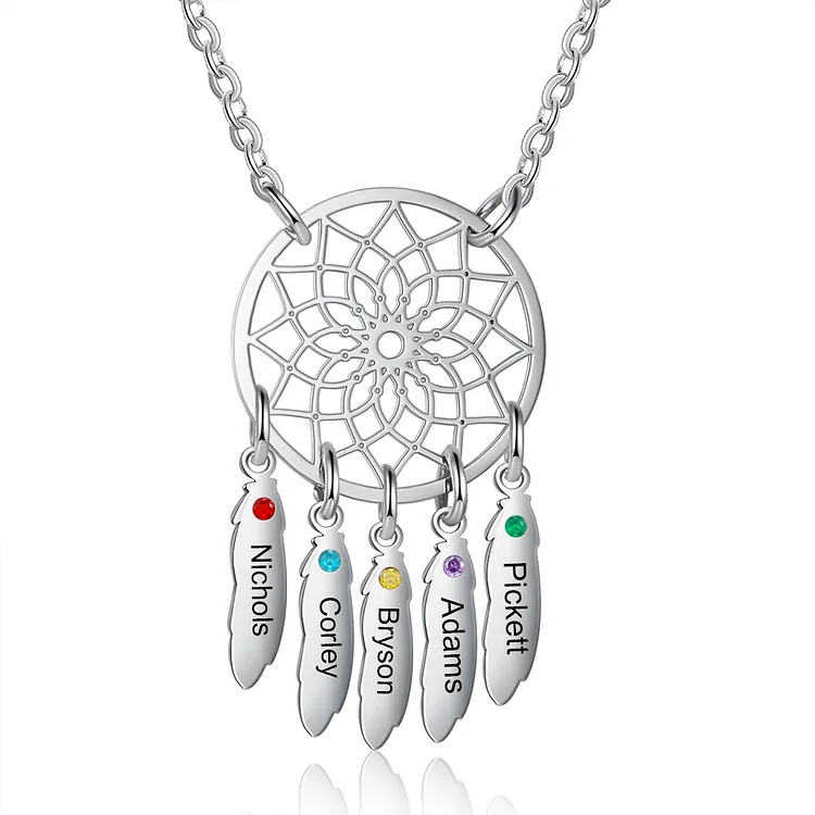Personalized Dream Catcher Necklace with 5 Birthstones for Women