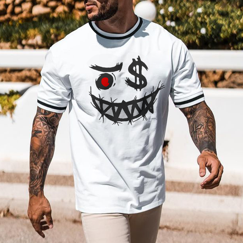 Smiley Face Print T-shirt Men's Casual Color Matching Short-sleeved T-shirt