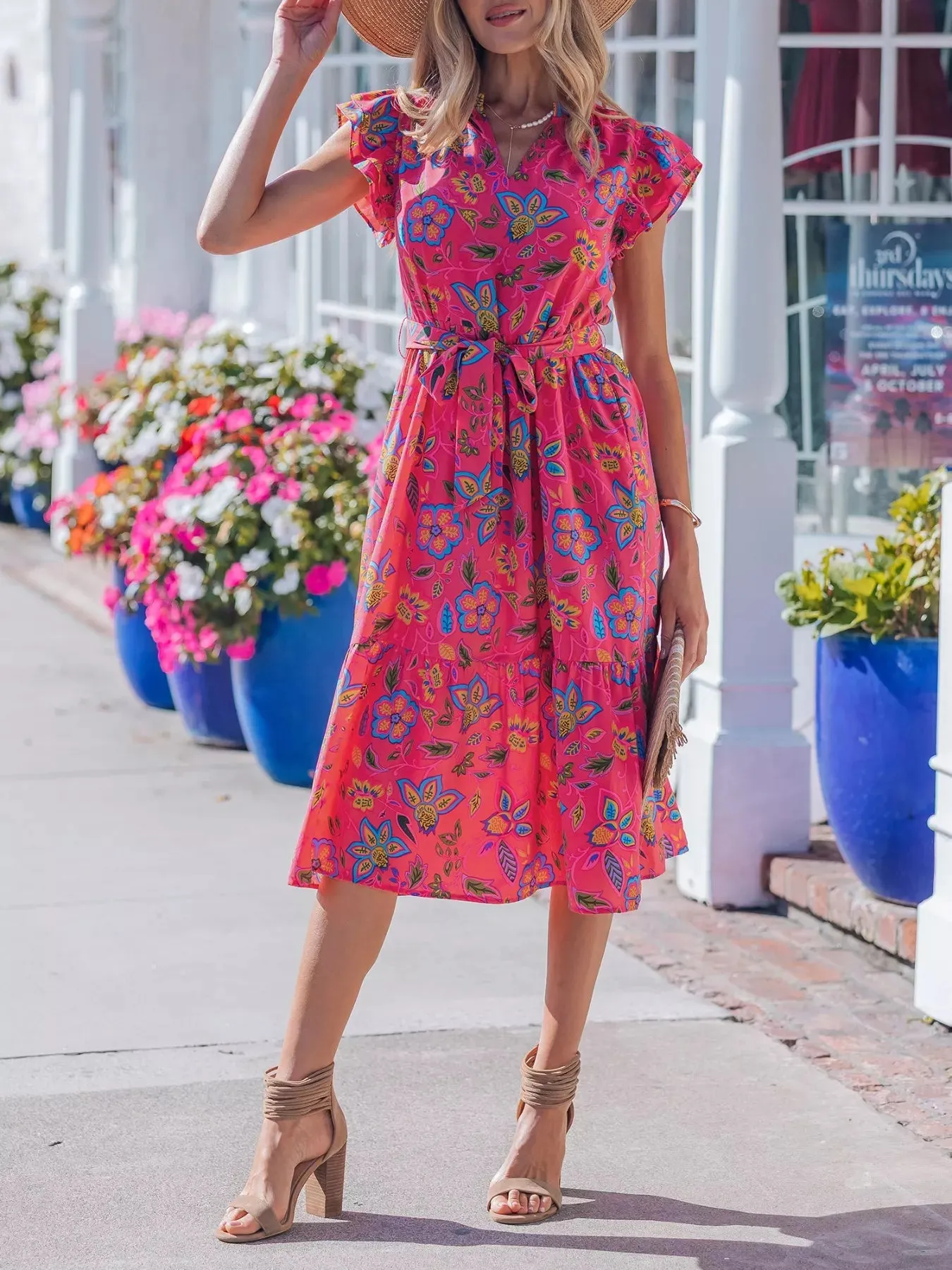 Flutter Sleeve Belted Floral Dress mysite idetrend