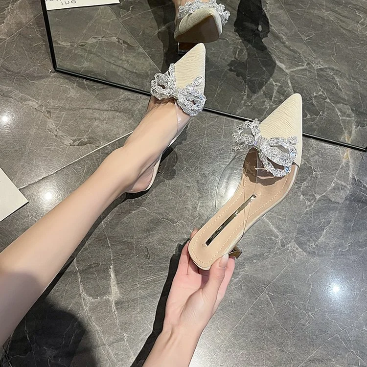 Wongn Wongn Summer New Korean Version Of The Bow Water Diamond Tip Head Half Drag High Heel Slippers Thin Heel Women's Shoes