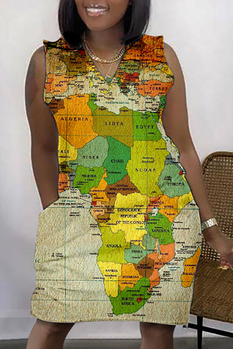 Plus Size Daily African Graphic Print Sleeveless V Neck With Pockets Mini Dress
