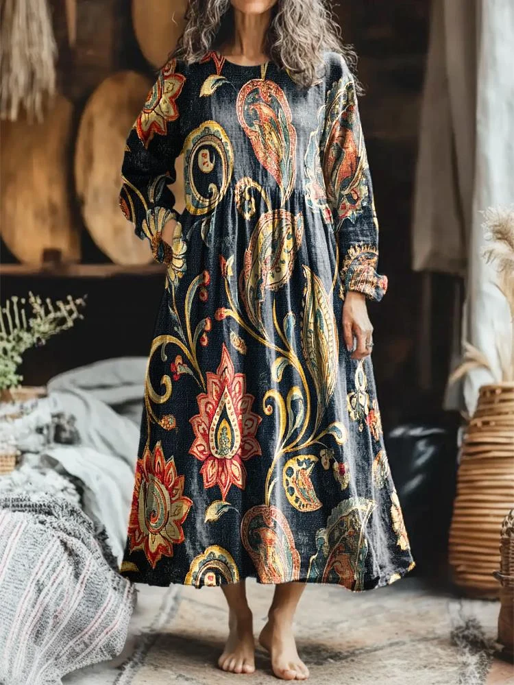 Women's Ethnic Paisley Art Pattern Print Pocket Cotton Dress