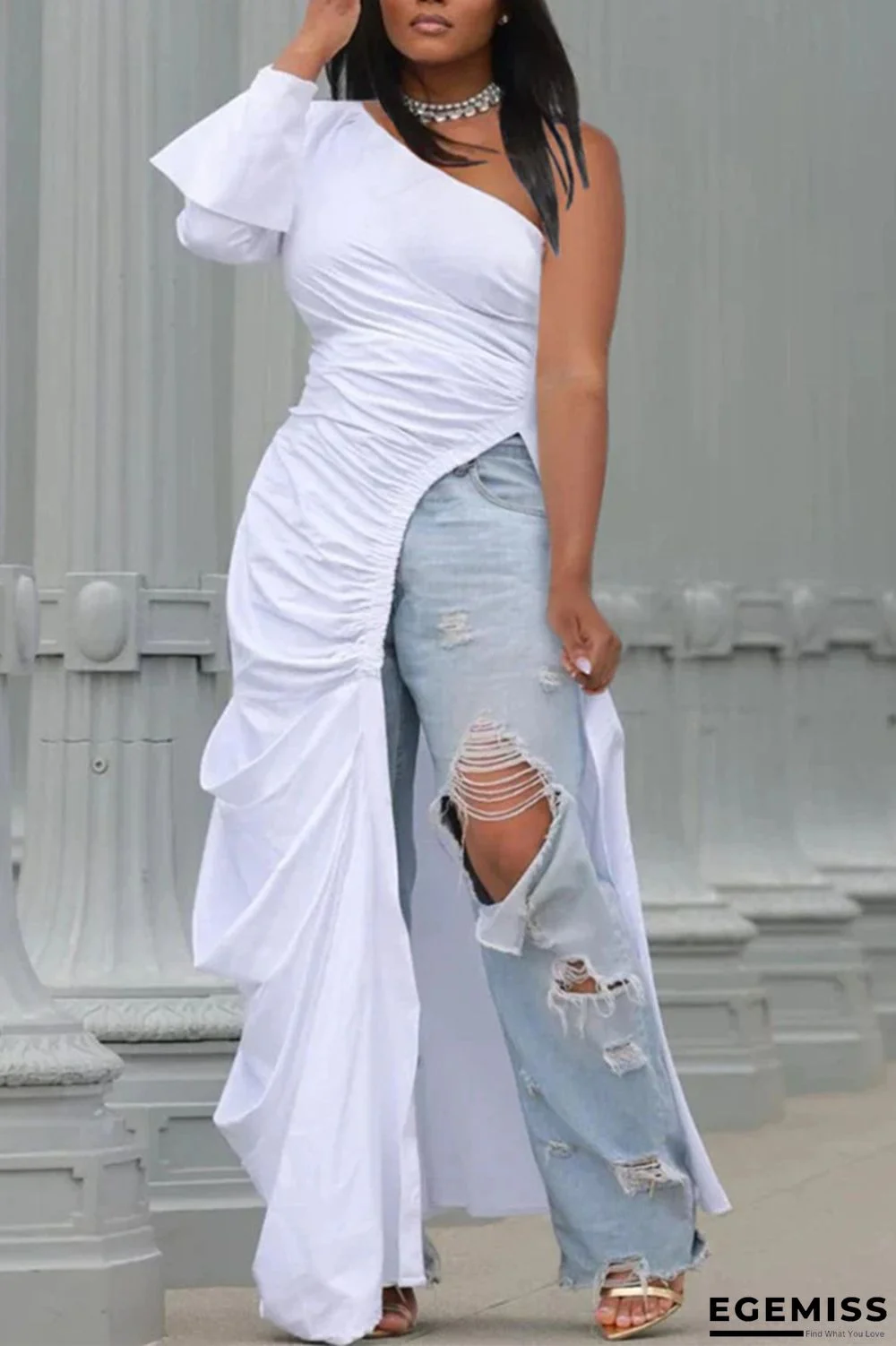 White Sexy Casual Solid High Opening Fold One Shoulder High Waist Tops | EGEMISS