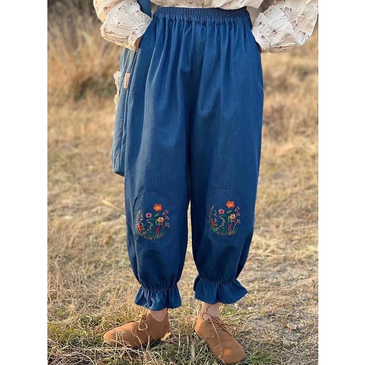 Queenfunky cottagecore style Cute Embroidered Jeans Pants QueenFunky