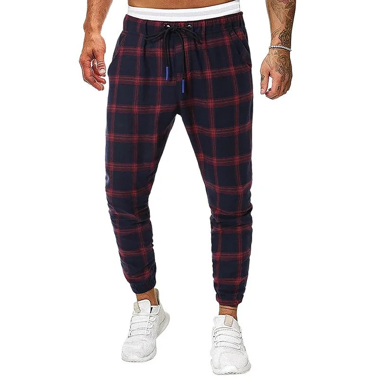 Men's Retro Casual Plaid Print Drawstring Sports Pants