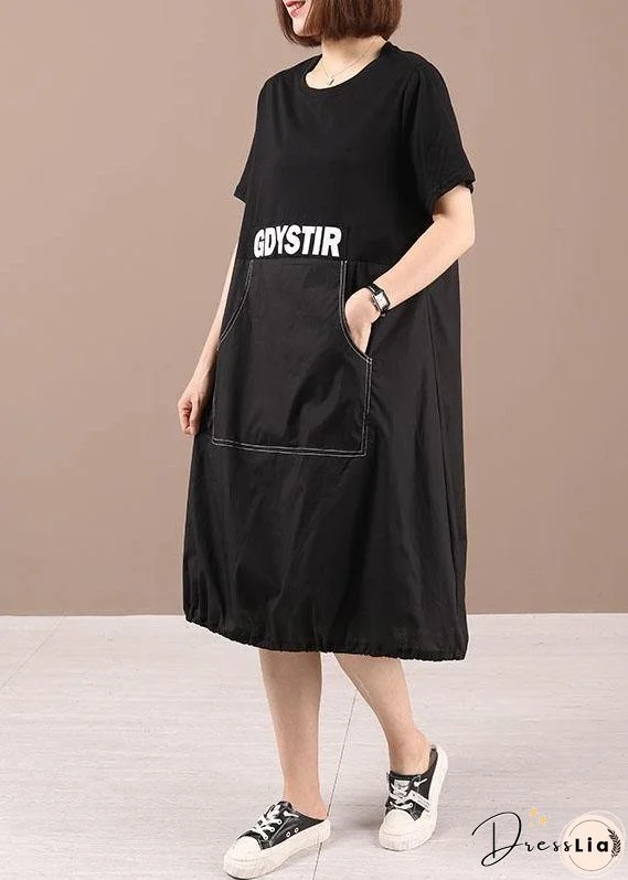 Style Black Pockets Patchwork Graphic Summer Cotton Party Dresses Short Sleeve