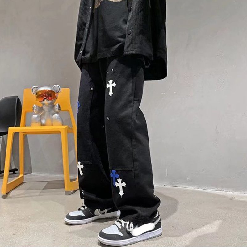 Cross Printed Streetwear Y2K Men White Black Wide-leg Baggy Jeans-VESSFUL