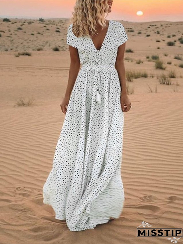 Casual Dress Swing Boho Long Maxi Light Blue Creamy-white Pink Short Sleeve Polka Dot