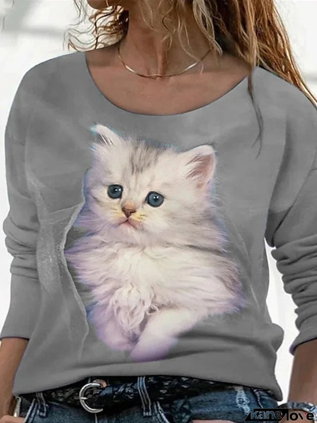 T shirt Tee Hoodie Sweatshirt Red Blue Purple Animal Cat Print Long Sleeve Daily Sports Streetwear Hoodie Crewneck Regular L for Women
