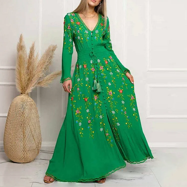 Floral Pattern Tassel Lace Up Waist Long Sleeve Maxi Dress
