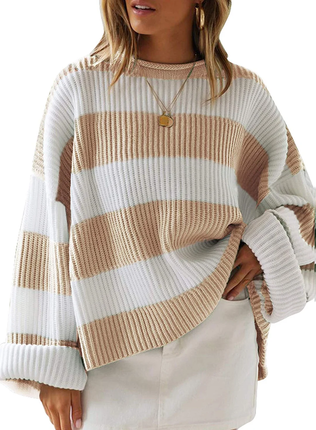Women Color Block Striped Oversized Sweaters Long Sleeve Crewneck Pullover Loose Chunky Knit Jumper