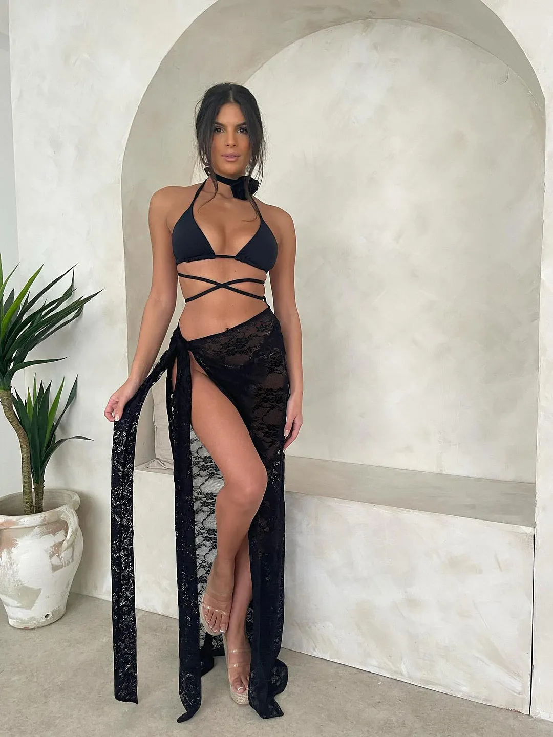 Uveng Three-Point Solid-Color Bikini Sexy Strapped Split Swimsuit Women's Three-Piece Set 2025 New
