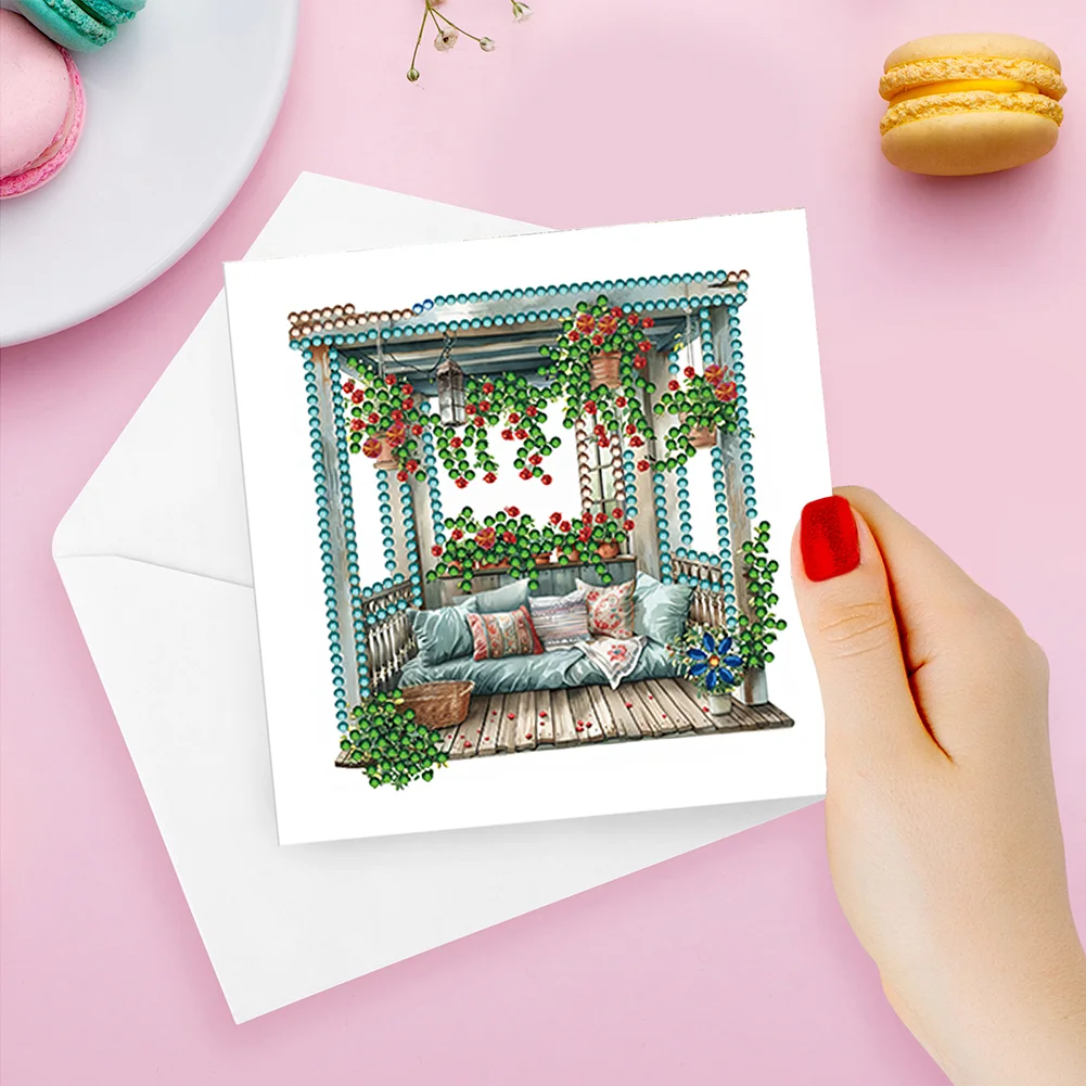 6Pcs DIY Flower Pavilion Special Shape Diamond Handmade Card for Friends Gift【With White Envelope】