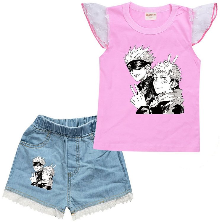 Jujutsu Kaisen Print Girls Cute Ruffle Tank Top Lace Trim Denim Shorts-Mayoulove