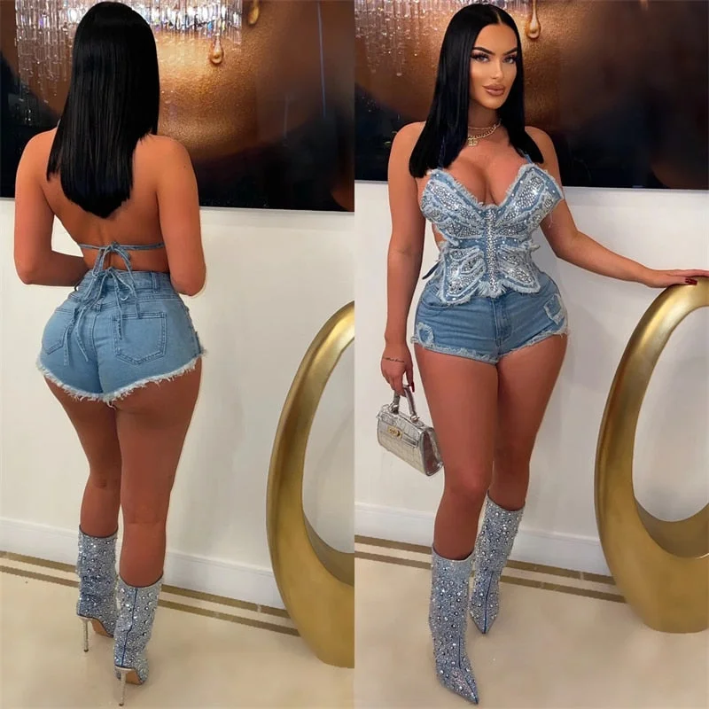 huibahe Diamonds Jeans Two Piece Set Women Sexy Butterfly Shaped Lace Up Halter Backless Crop Top Tassel Shorts Washed Denim Suit