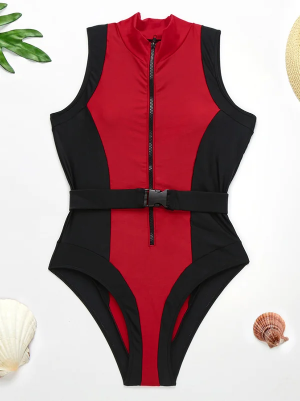 Contrast Color Split-Joint Belted Zipper One-Piece Swimwear 