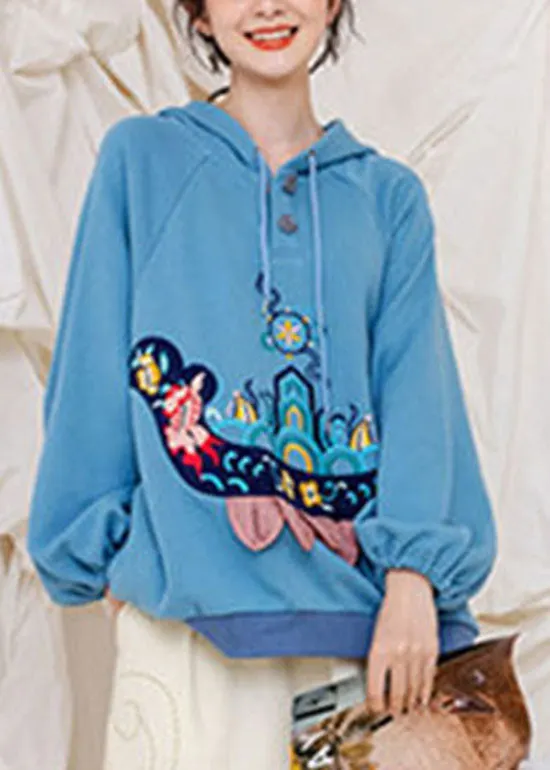 Handmade Light Blue drawstring Hooded Embroideried Warm Fleece Sweatshirts top Spring