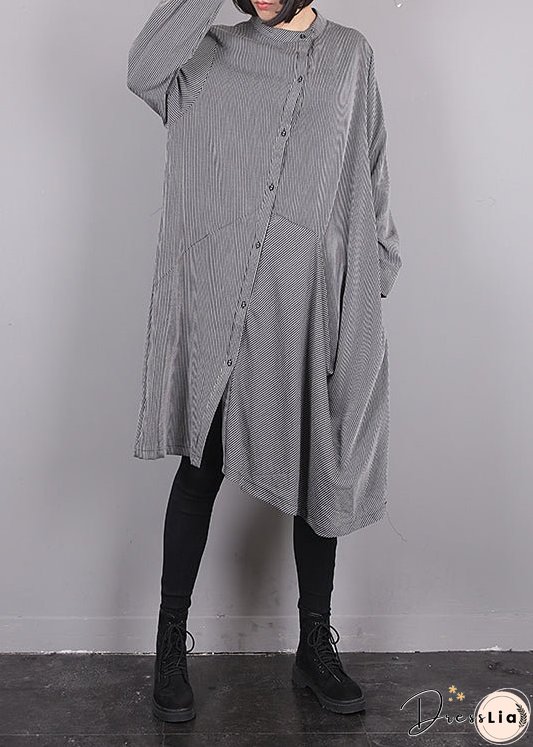 Plus Size Grey O-Neck Asymmetrical Striped Button Maxi Dress Fall