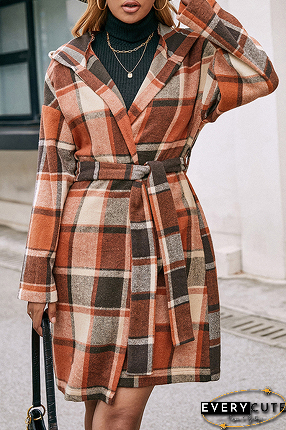 Fashion Elegant Geometric Pocket With Belt Hooded Collar Outerwear