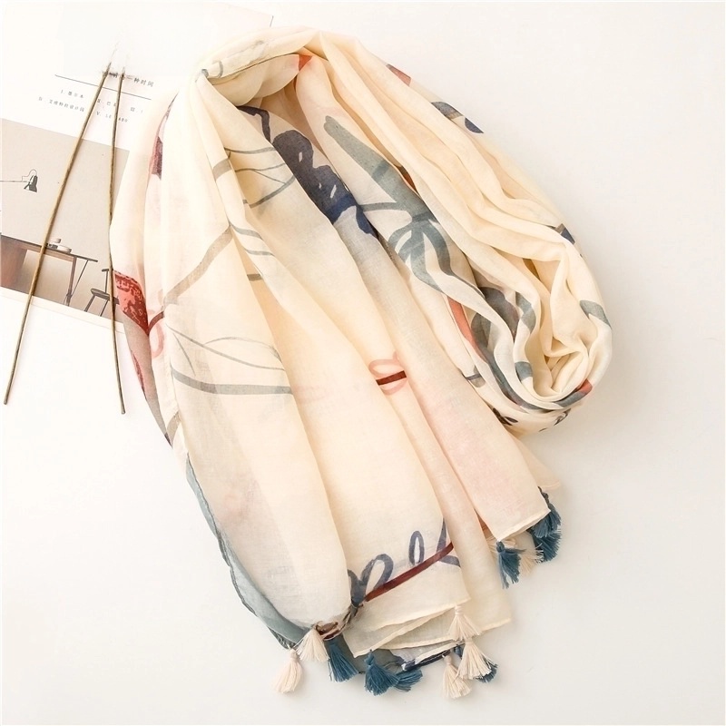 Retro Plain Beige Bottom Small Flower Tassels Thin Gauze Scarf