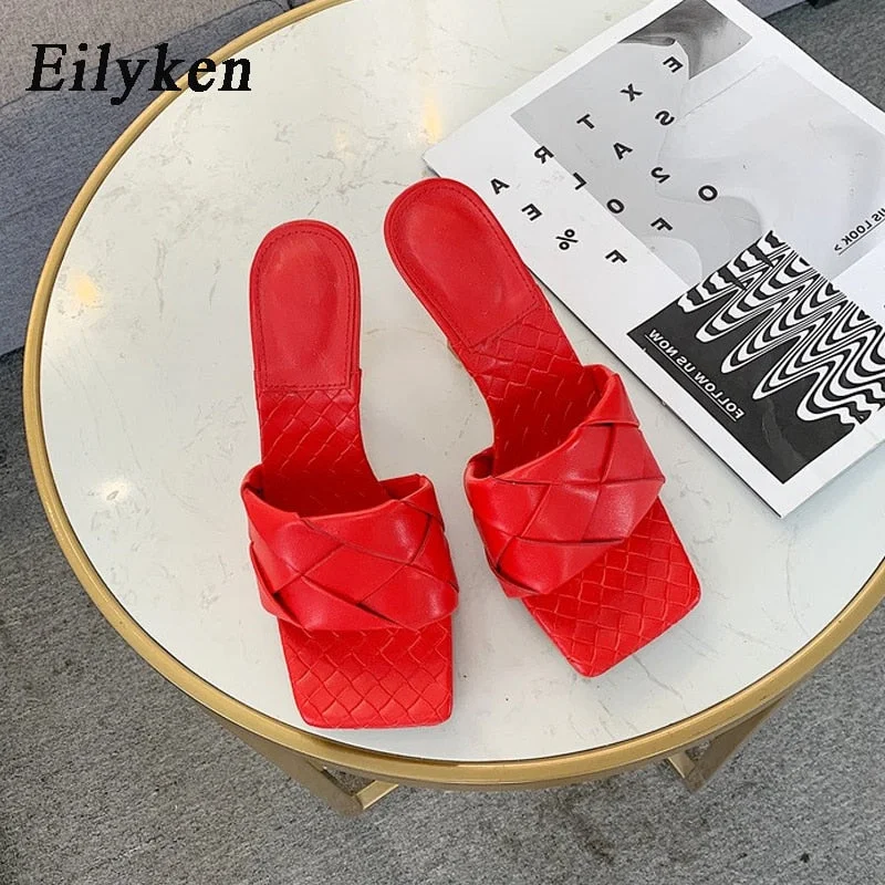 Eilyken Summer New Design Weave Square Toe Heels High Quality PU Leather Slippers Gladiator Beach Womens Sandal Slides Shoes