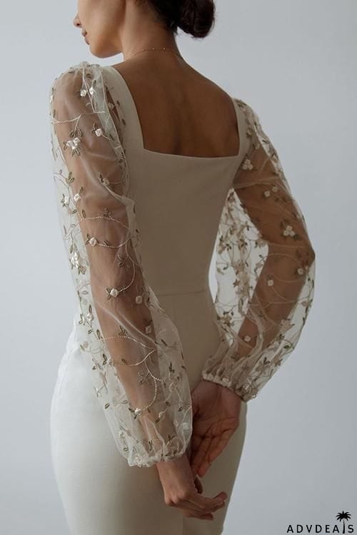 Tulle Sleeve Square Neck Bodycon Midi Dress