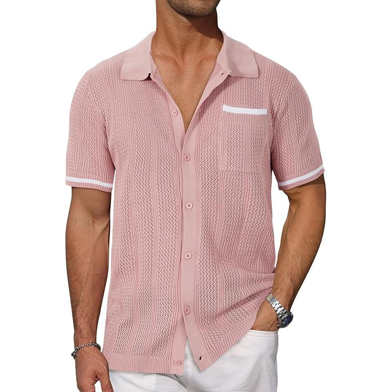 Men's Casual Color Block Lapel Hollow Knitted Short-Sleeved Cardigan
