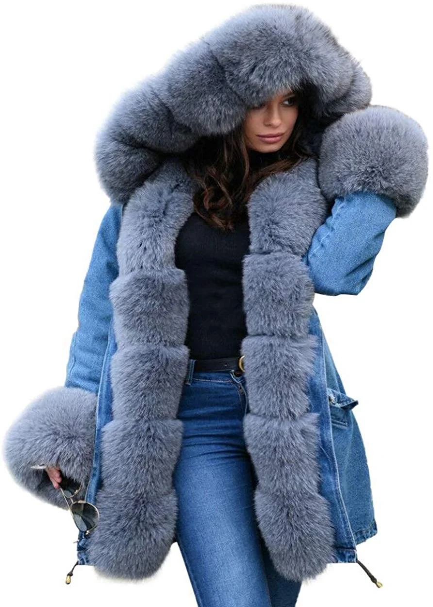 Womens Winter Denim Coat Thicken Lined Faux Fur Hood Jacket Warm Sherpa Fur Overcoat Plus Size Jean Outerwear