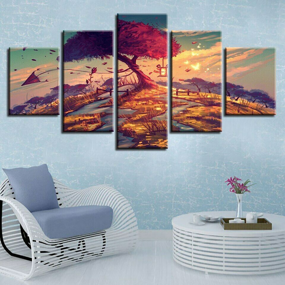 5 Pieces Cherry Blossom Tree Paintings HD Printed Anime Abstract Poster Modular Pictures Canvas Art HD Print Room Decor Wall