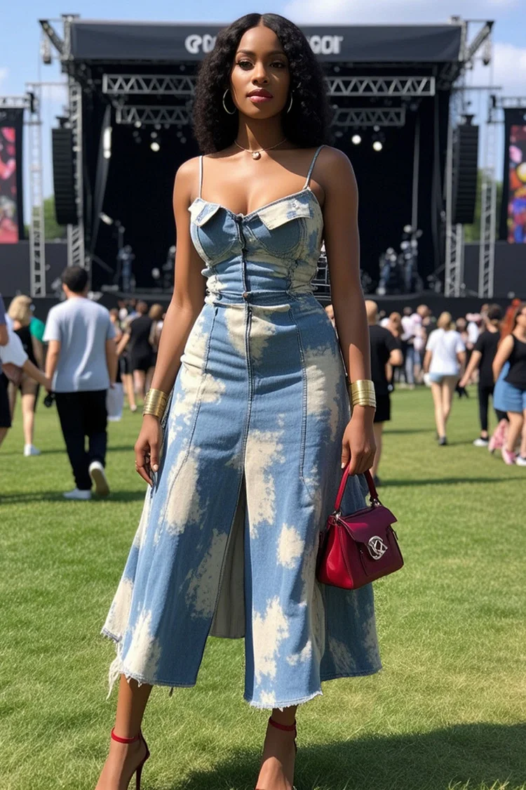 Print Denim Quilted Cami Front Slit EDM Party Midi Dresses-Blue [Pre Order]