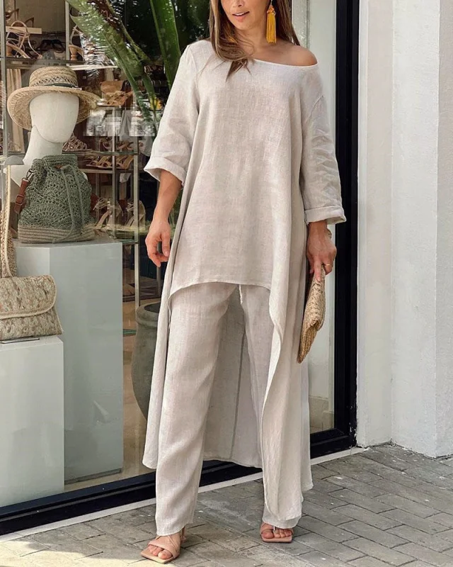 Minimalist cotton and linen solid color casual irregular hem long sleeve two-piece suit