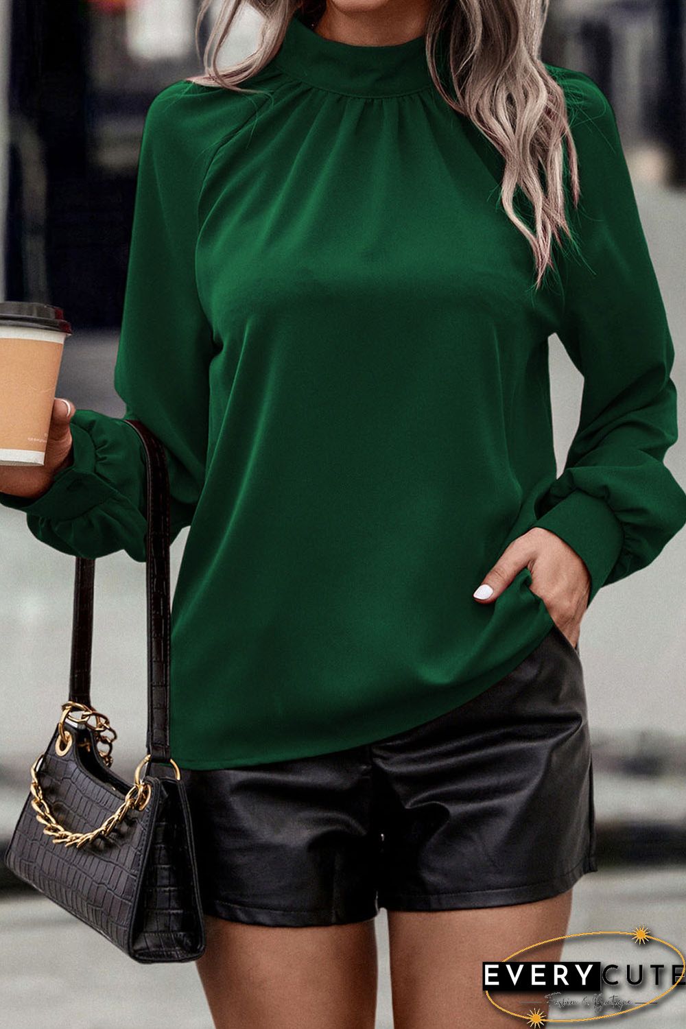 Green Cutout Back Ruched Mock Neck Blouse